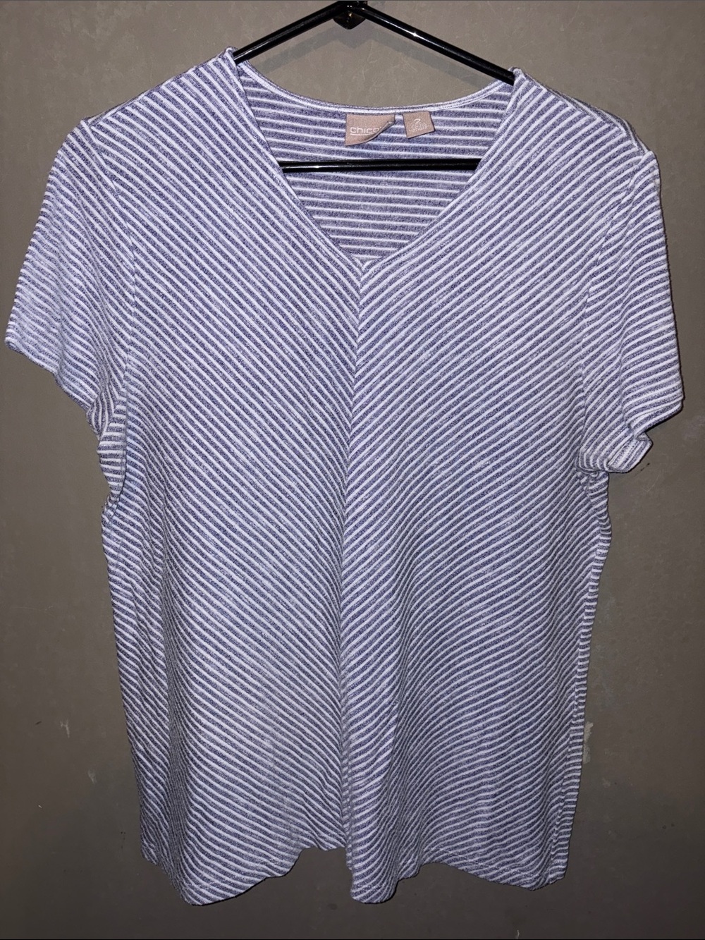 Chico's Blue and White Striped V-Neck Short Sleeve Top